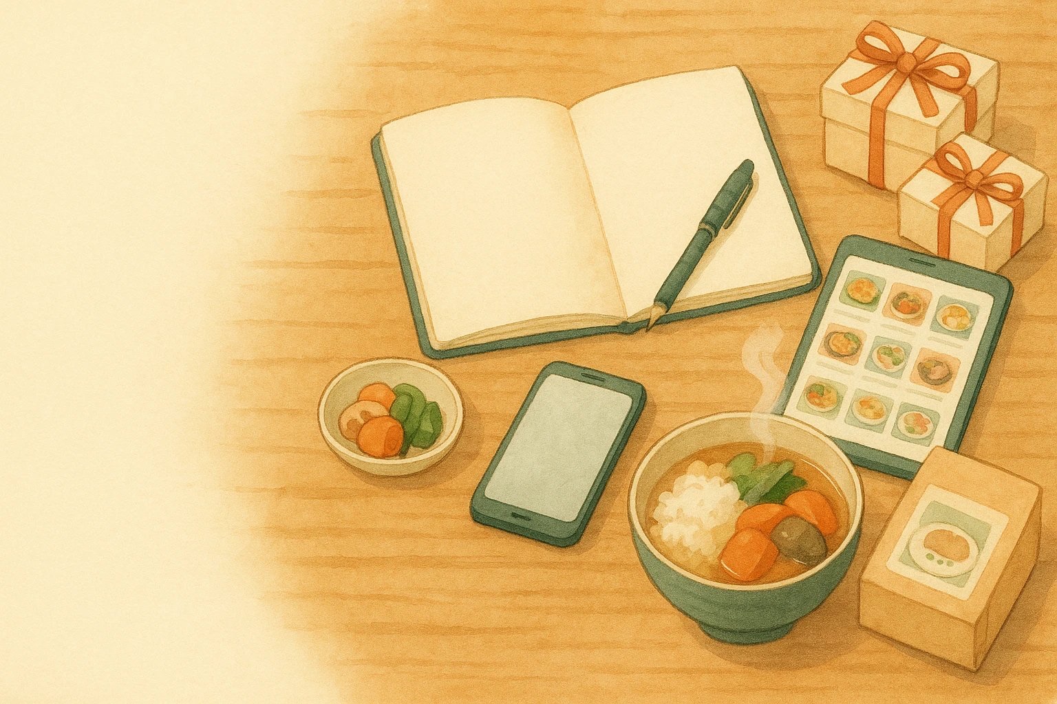 手帳とギフト、タブレット、湯気の立つ夕食が並ぶ食卓の水彩イラスト